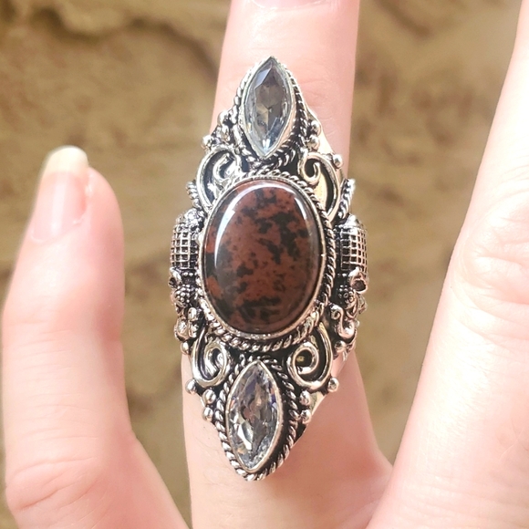 New Mahogany Obsidian & White Topaz 925 Silver Carved Elephant Statement Ring. - Picture 1 of 12